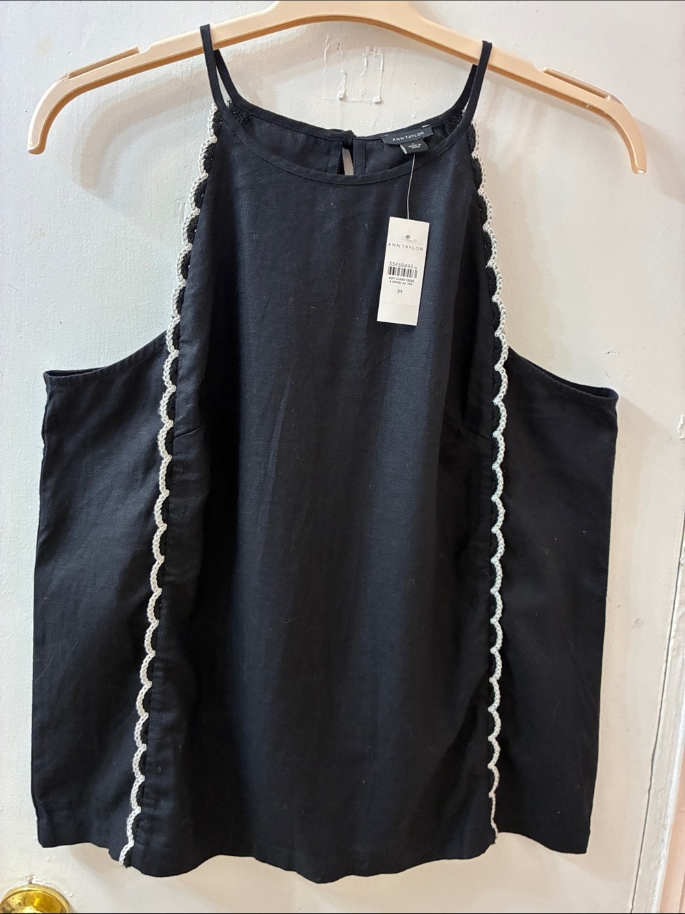 Ann Taylor Black Halter Tank with White Scallop Trim Detailing